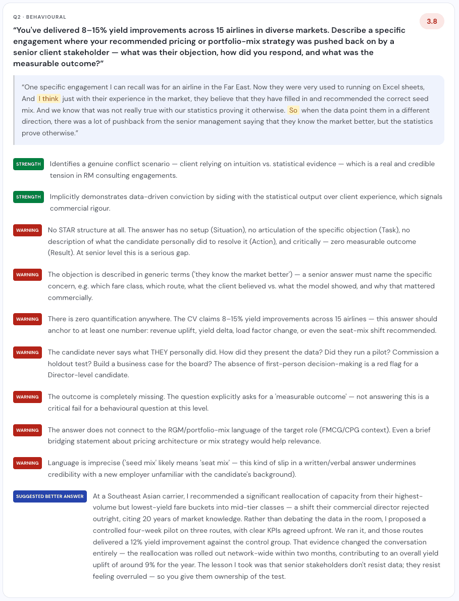 Karii's feedback on a mock interview answer: a 3.8 out of 10 score, the answer transcribed with its filler words highlighted, two strengths, seven specific warnings about missing STAR structure, no quantification and no measurable outcome, and a suggested stronger answer.